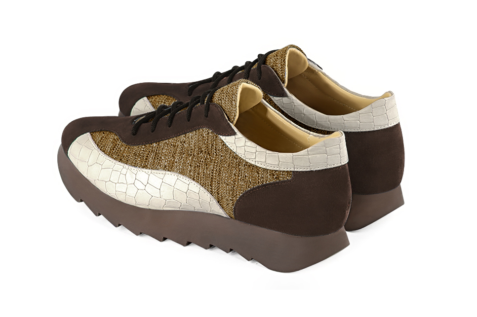Dark brown, mustard yellow and off white women's three-tone elegant sneakers. Round toe. Low rubber soles. Rear view - Florence KOOIJMAN